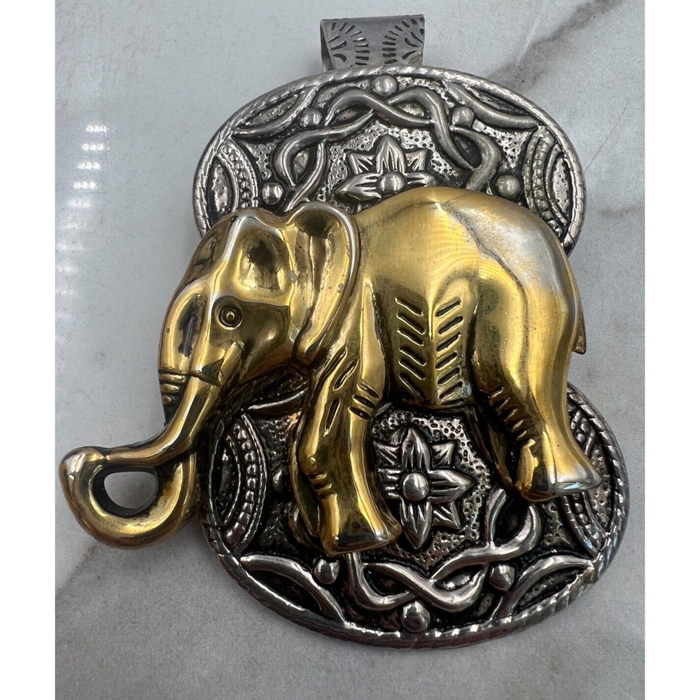 Vintage Elephant Necklace Pendant Mixed Metal Brass Silver Tone Boho Ethnic Turk